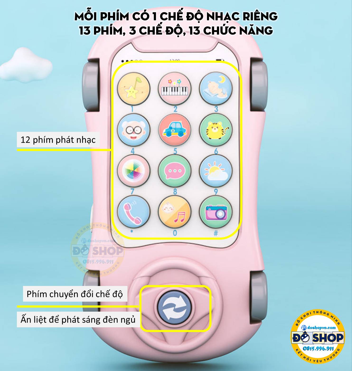 Điện thoại đồ chơi SM01 có 13 phím bấm, 3 chế độ, 13 chức năng